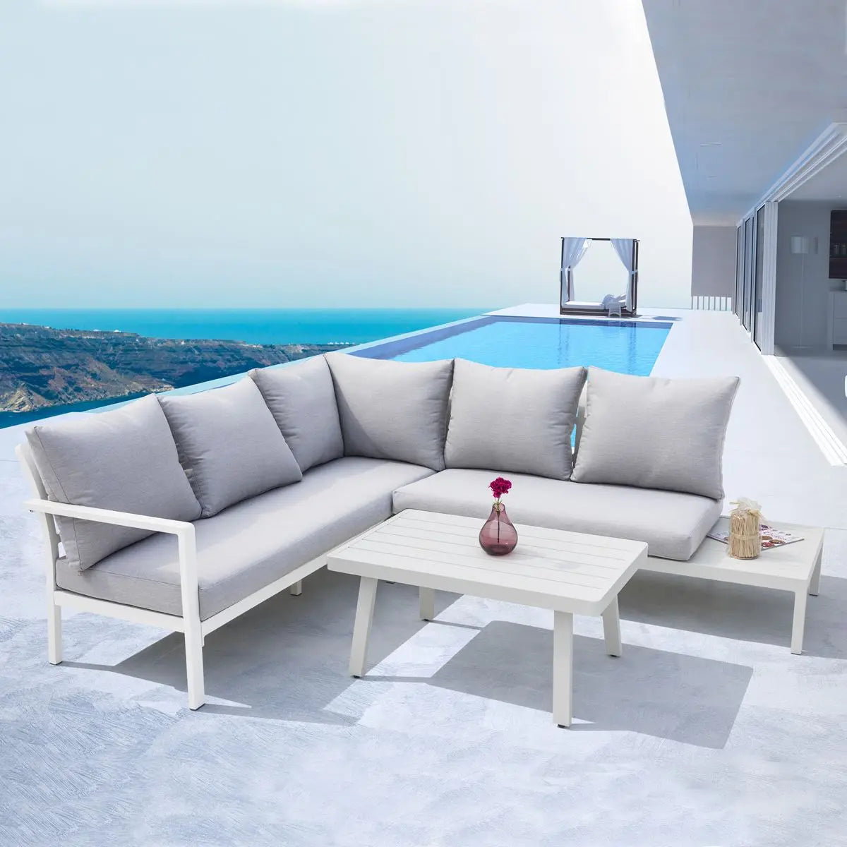 Dellonda Kyoto White 3-Piece Outdoor Garden Corner Sofa & Coffee Table Set  White Rose Tools