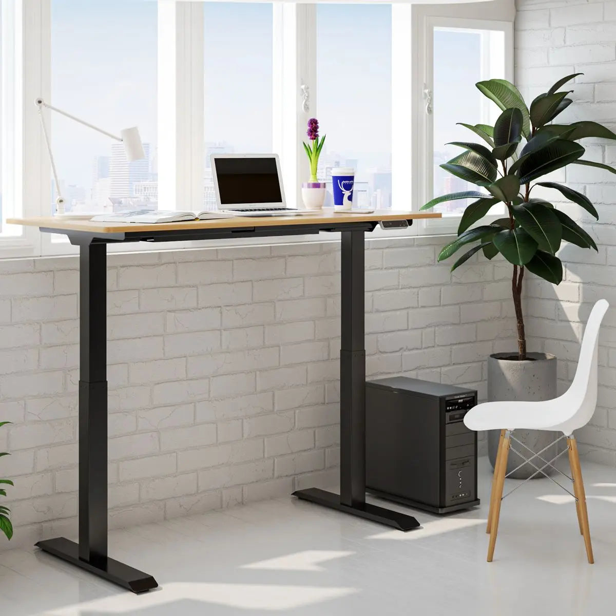 Dellonda Oak Electric Height Adjustable Standing Desk, 1400 x 700mm Dual Motor 100kg White Rose Tools