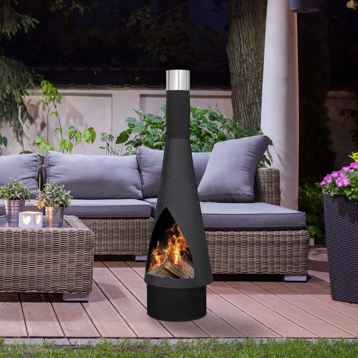 Dellonda Outdoor Chiminea, Fireplace, Fire Pit, Heater, Durable, Black Steel White Rose Tools
