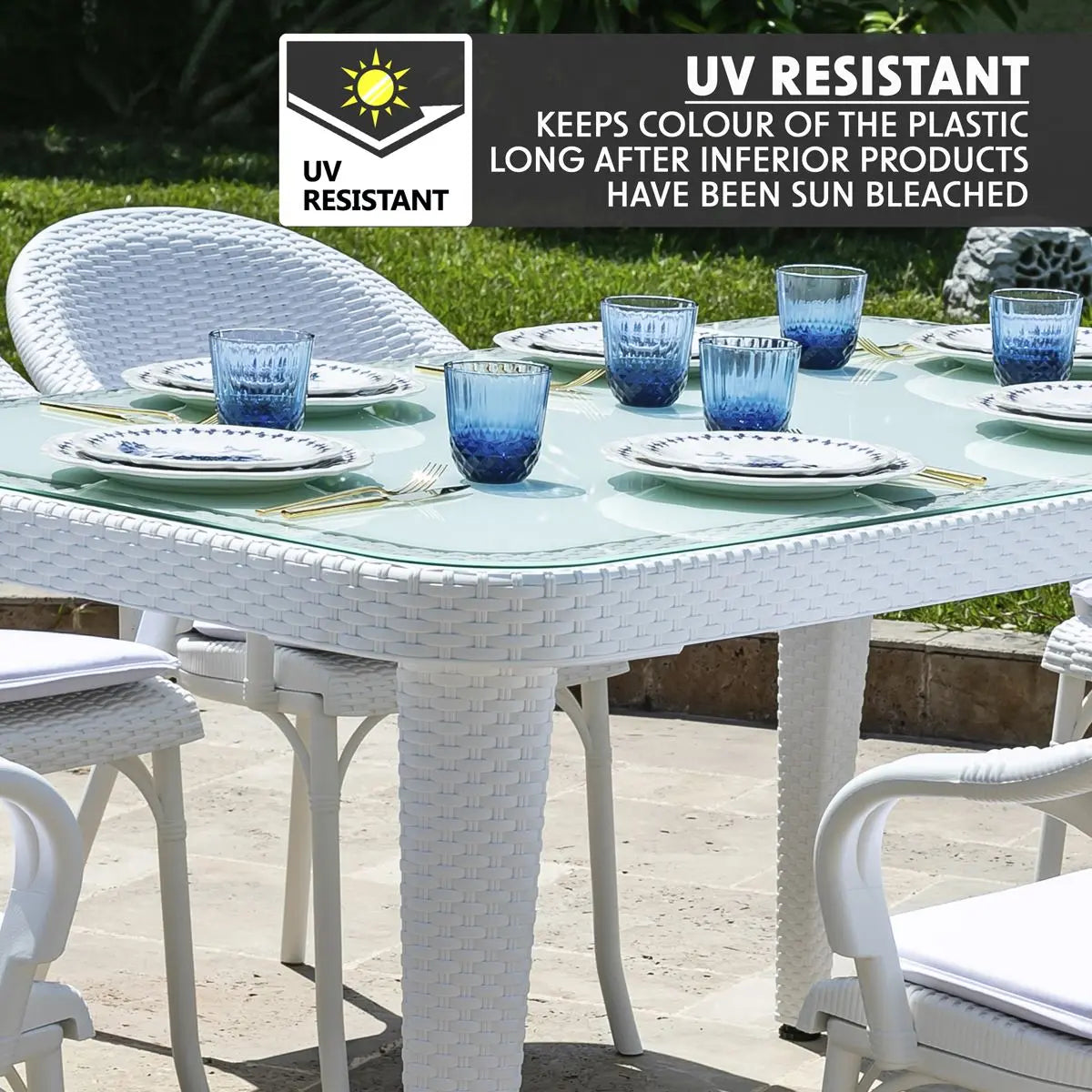 Dellonda Outdoor Dining Table Weather Resistant Body Glass Table 90x150cm  White Rose Tools