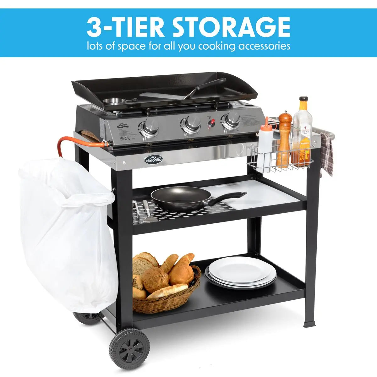 Dellonda Plancha Trolley with Utensil Holder - Stainless Steel Top White Rose Tools