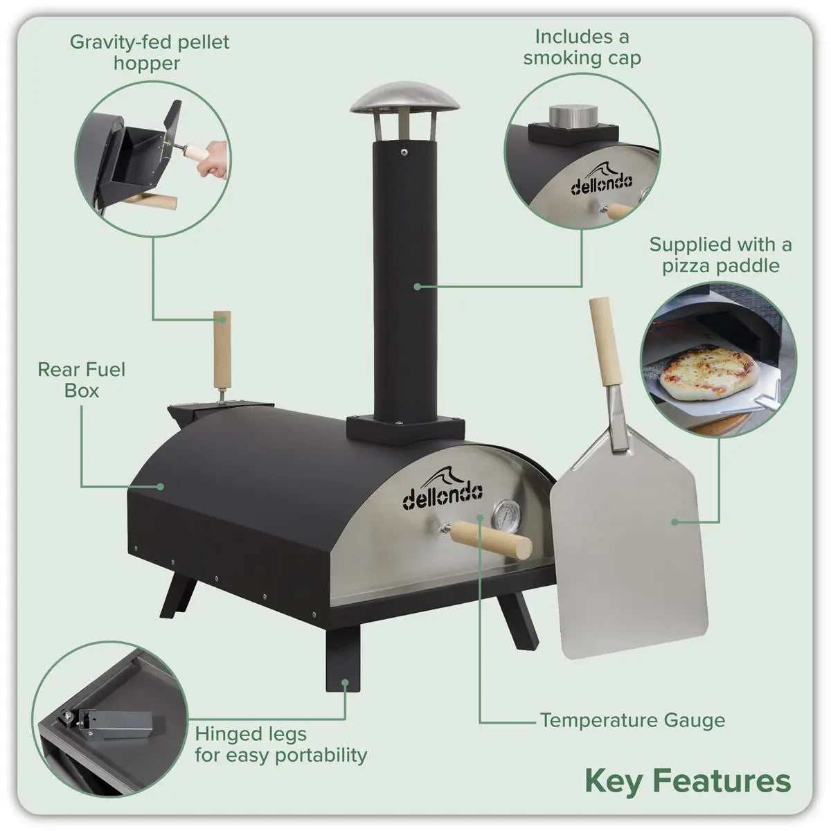 Dellonda Portable Wood-Fired 14" Pizza & Smoking Oven - Black/Stainless Steel  White Rose Tools