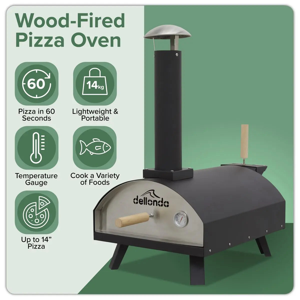 Dellonda Portable Wood-Fired 14" Pizza & Smoking Oven - Black/Stainless Steel  White Rose Tools