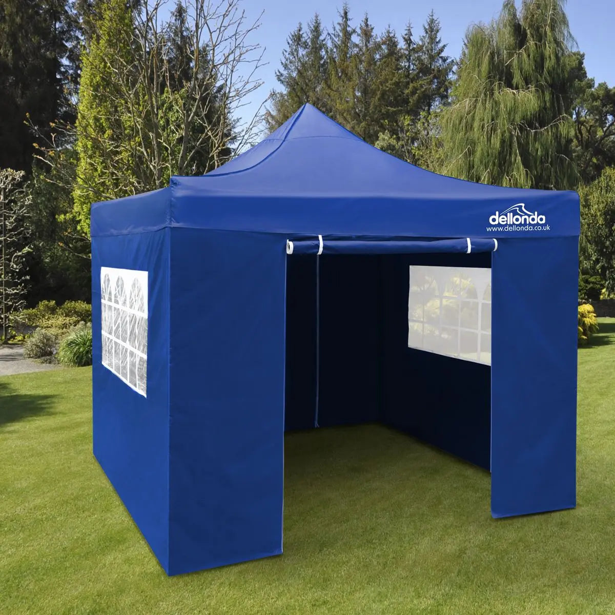 Dellonda Premium 2x2m Pop-Up Gazebo & Side Walls, PVC Coated, Water Resistant Fabric, Supplied with Carry Bag, Rope, Stakes & Weight Bags - Blue White Rose Tools