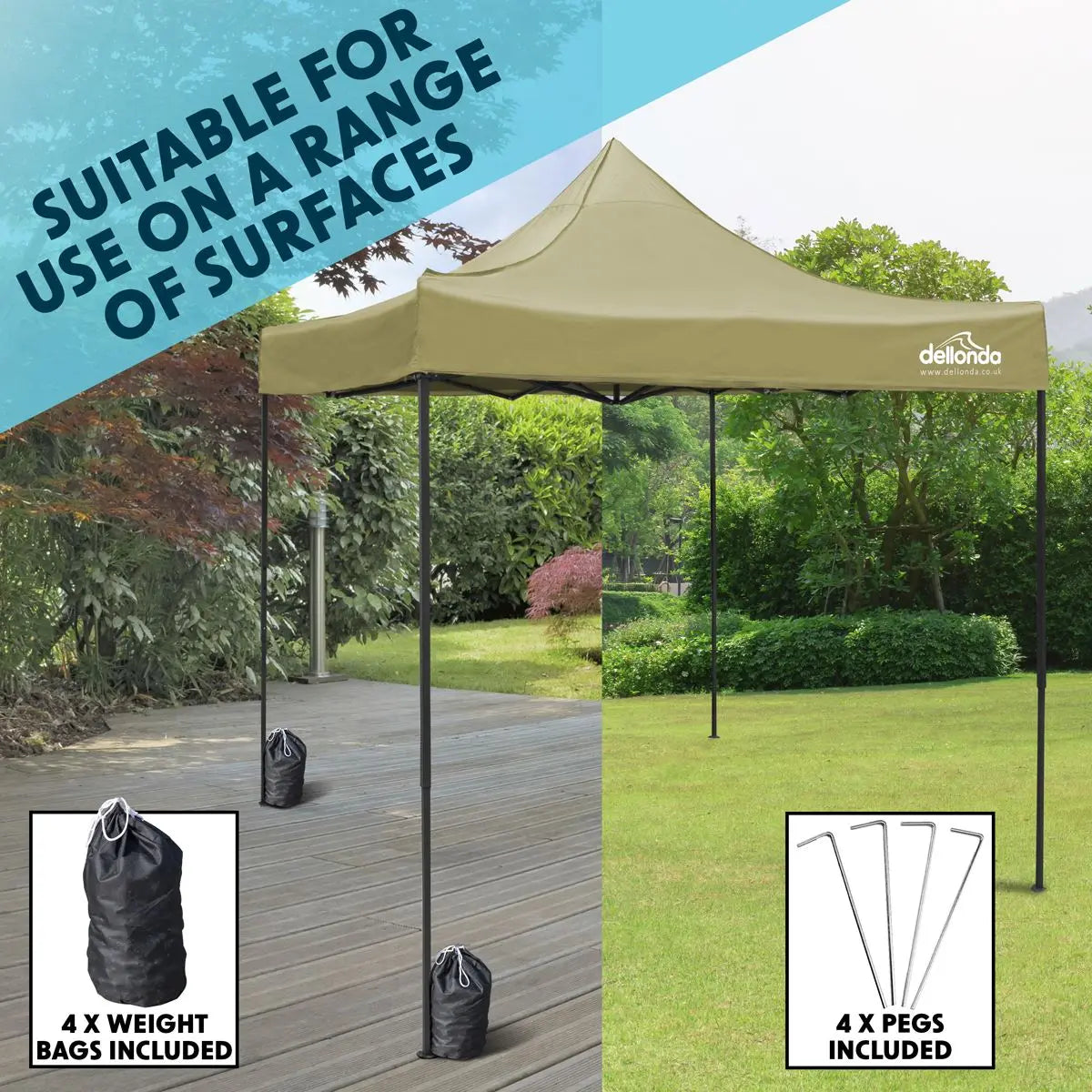 Dellonda Premium 3 x 3m Pop-Up Gazebo, PVC Coated, Water Resistant Fabric, Supplied with Carry Bag, Rope, Stakes & Weight Bags - Beige Canopy  White Rose Tools