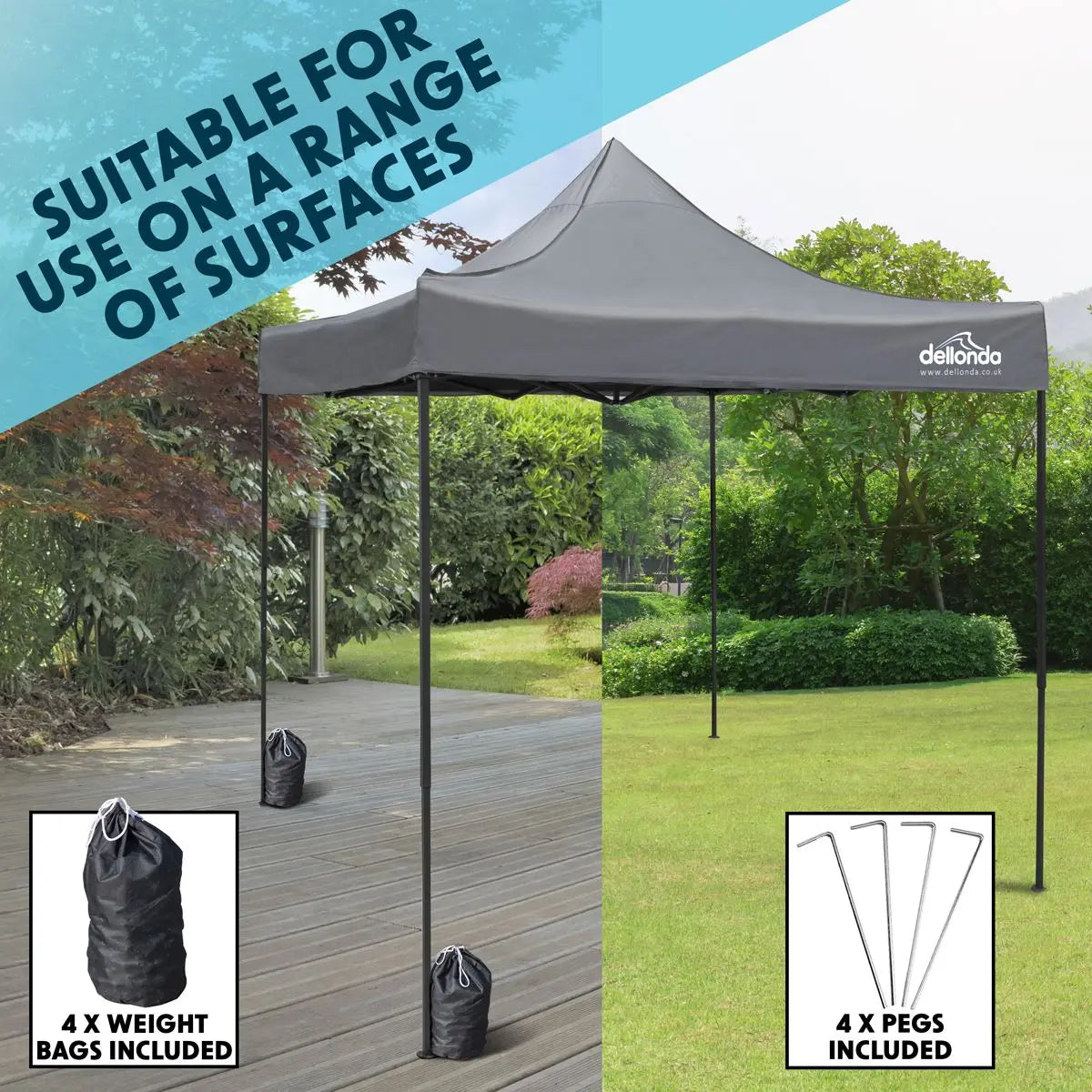 Dellonda Premium 3 x 3m Pop-Up Gazebo, PVC Coated, Water Resistant Fabric, Supplied with Carry Bag, Rope, Stakes & Weight Bags - Grey Canopy  White Rose Tools