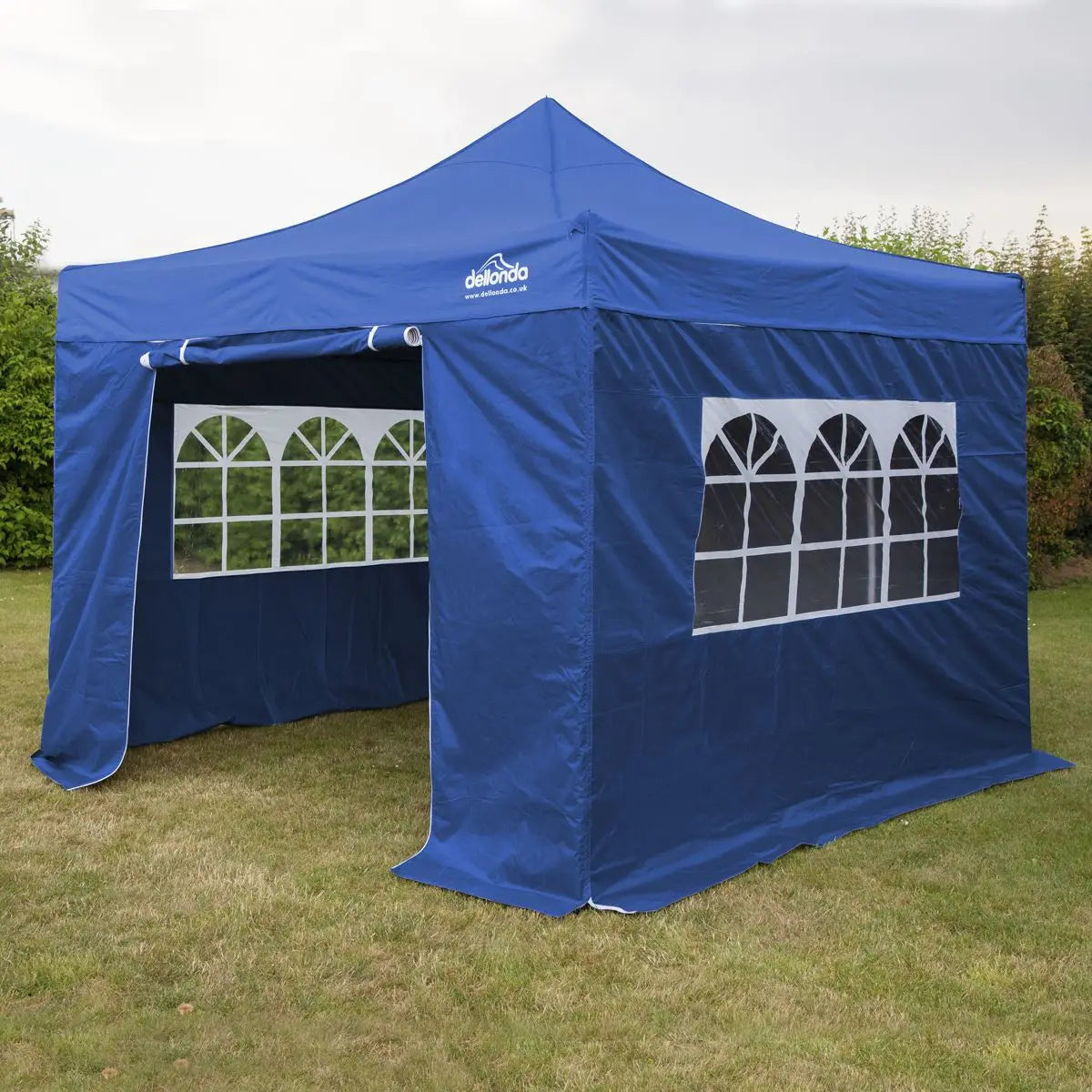 Dellonda Premium 3x3m Pop-Up Gazebo & Side Walls, PVC Coated, Water Resistant Fabric with Carry Bag, Rope, Stakes & Weight Bags - Blue White Rose Tools
