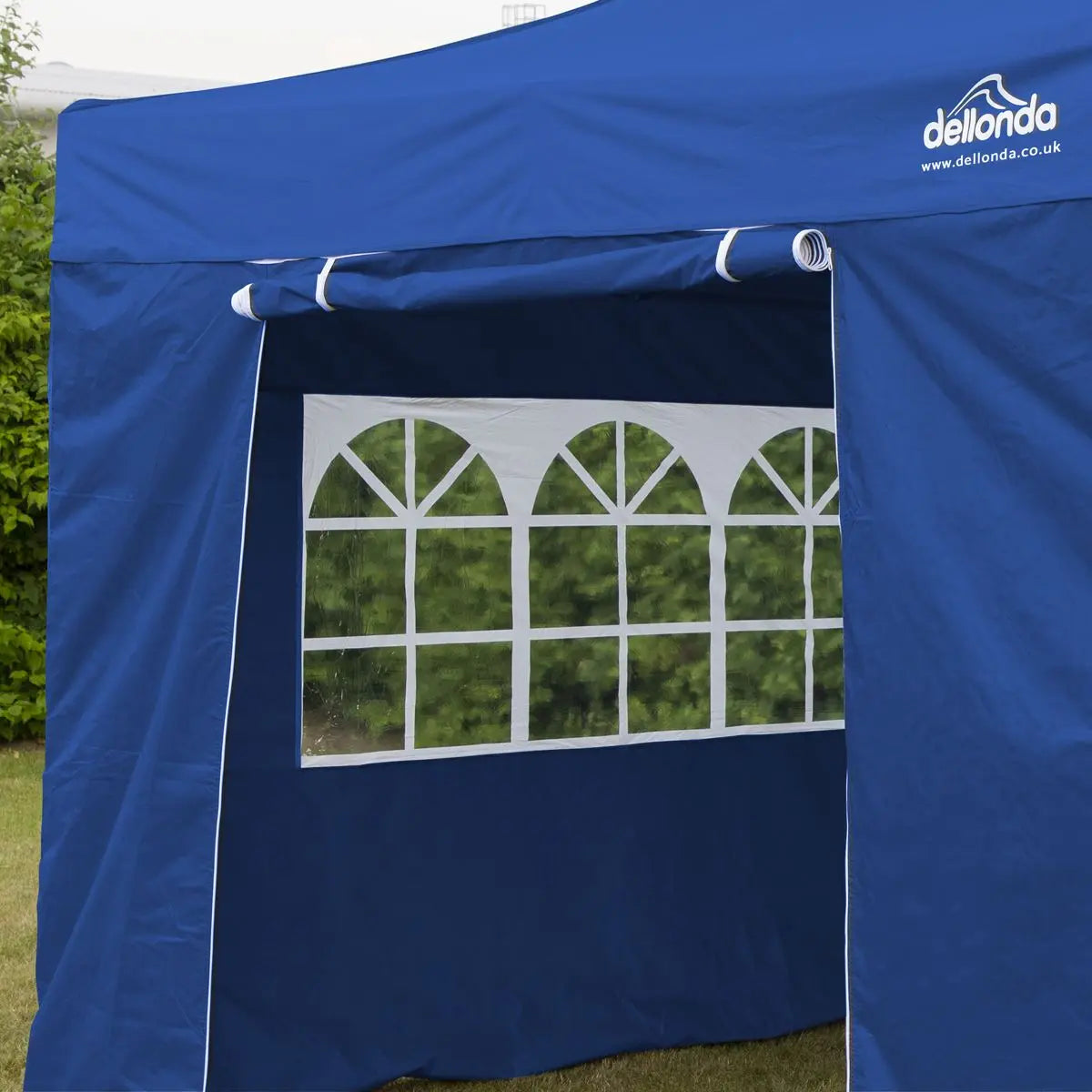 Dellonda Premium 3x3m Pop-Up Gazebo & Side Walls, PVC Coated, Water Resistant Fabric with Carry Bag, Rope, Stakes & Weight Bags - Blue White Rose Tools