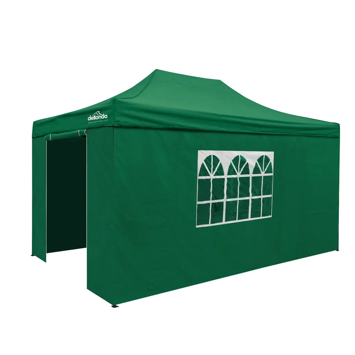 Dellonda Premium 3x4.5m Pop-Up Gazebo & Side Walls, PVC Coated, Water Resistant Fabric with Carry Bag, Rope, Stakes & Weight Bags - Green  White Rose Tools