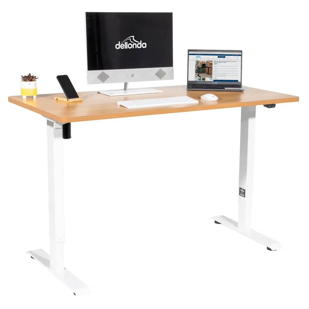 Dellonda Single Motor Height-Adjustable Electric Sit & Stand Desk with Oak Desktop & White Frame White Rose Tools