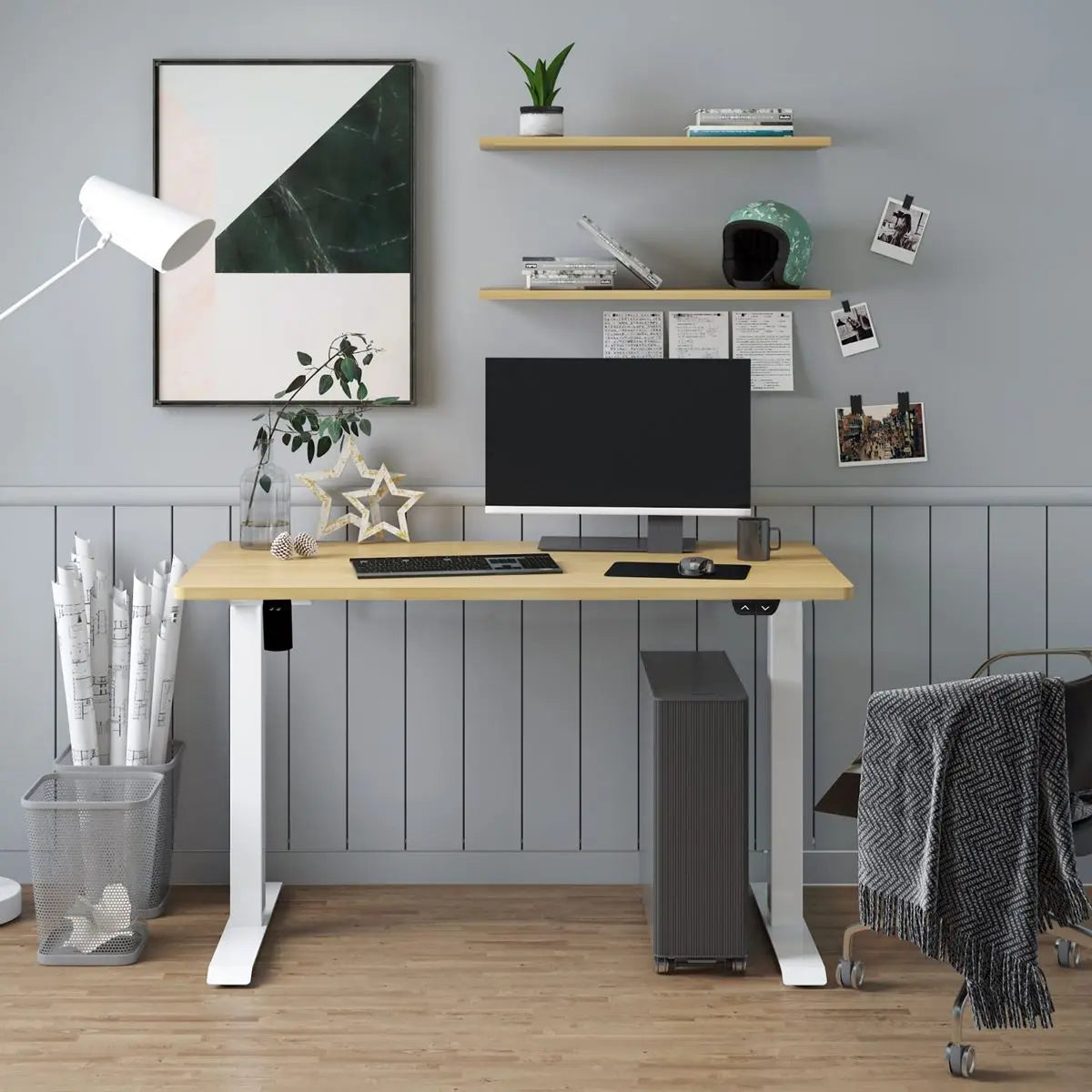 Dellonda Single Motor Height-Adjustable Electric Sit & Stand Desk with Oak Desktop & White Frame White Rose Tools