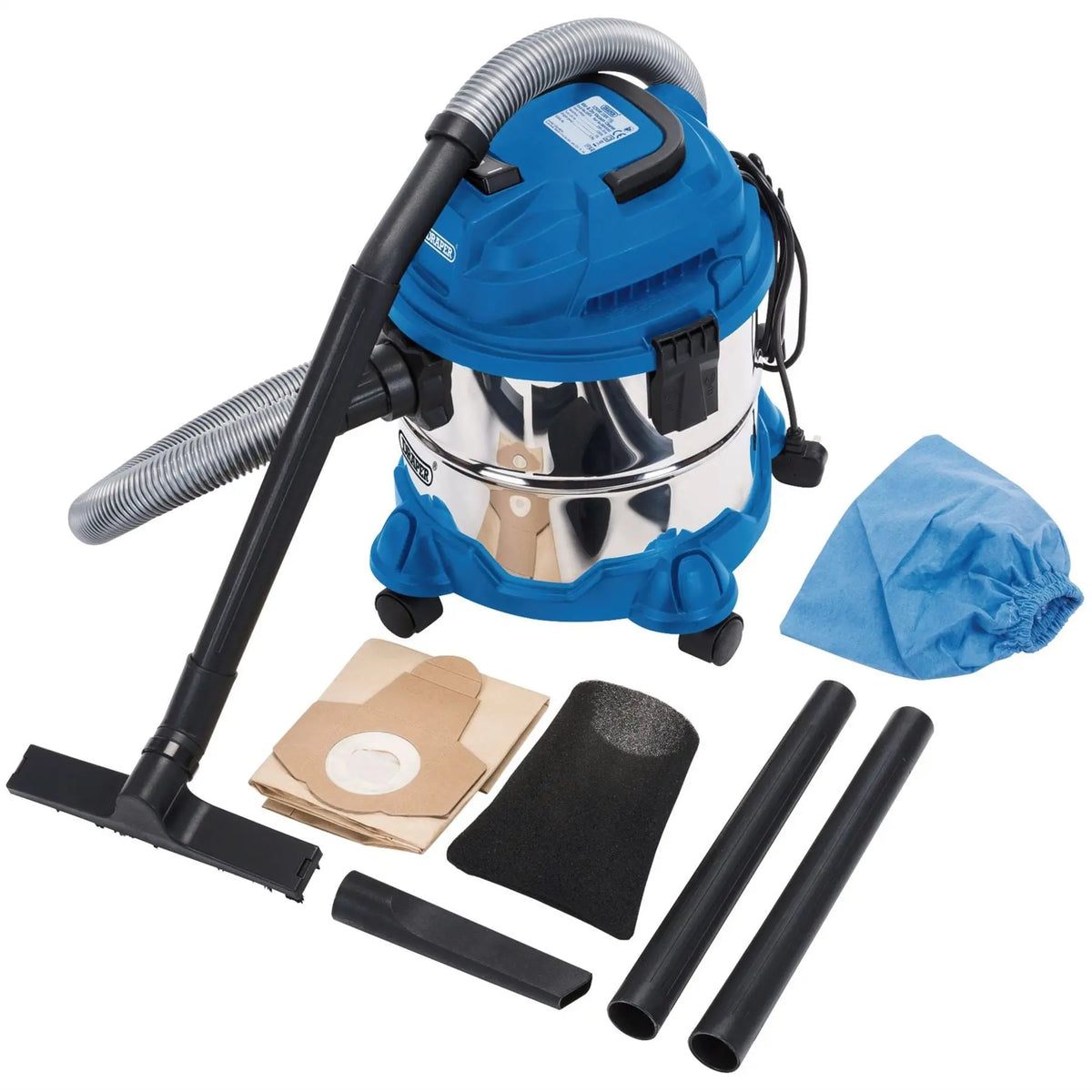 Draper 230V Wet and Dry Vacuum Cleaner with Stainless Steel Tank 15L 1250W 20514 White Rose Tools