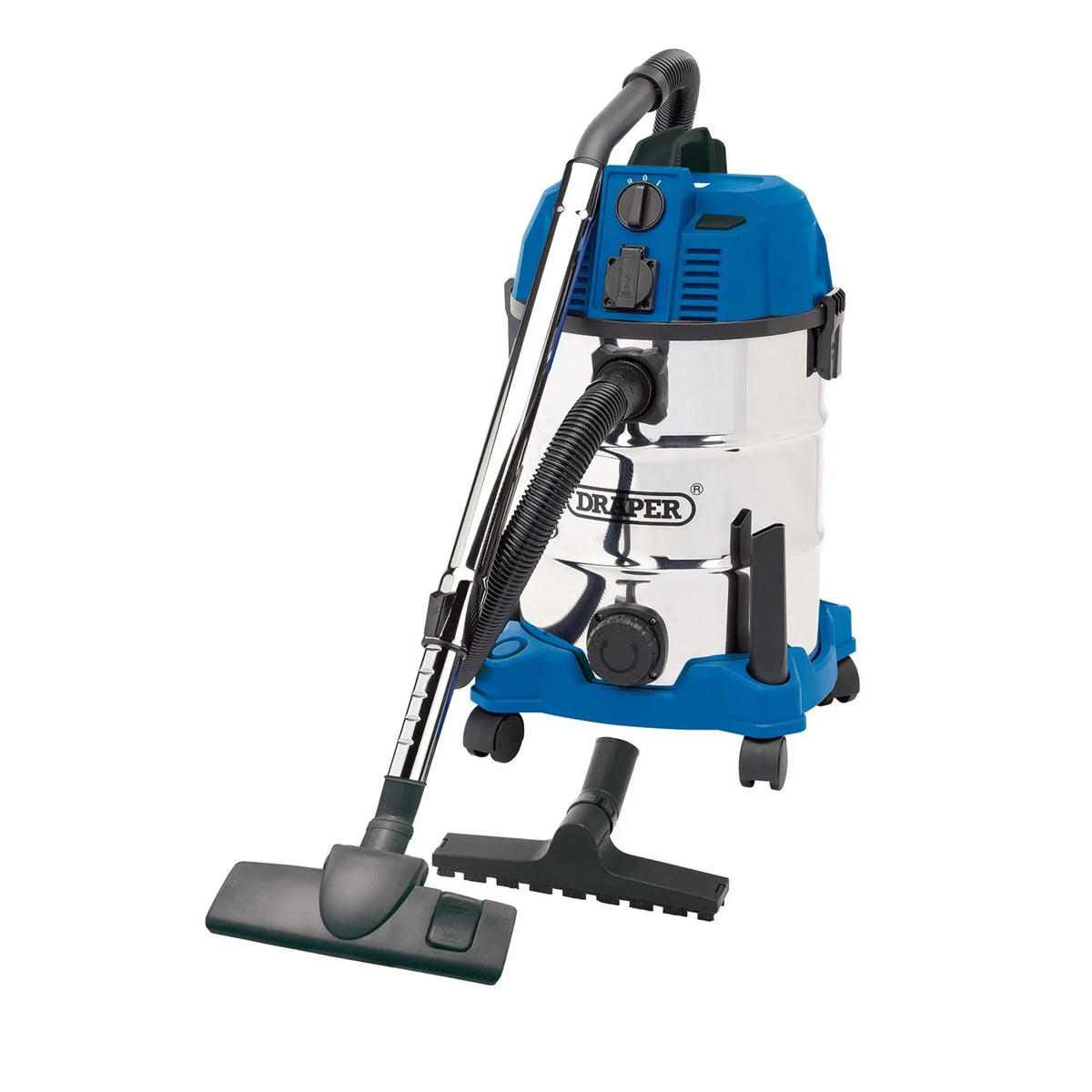Draper 230V Wet and Dry Vacuum Cleaner with Stainless Steel Tank and Integrated Power Out-Take Socket 30L 1300W 20529 White Rose Tools