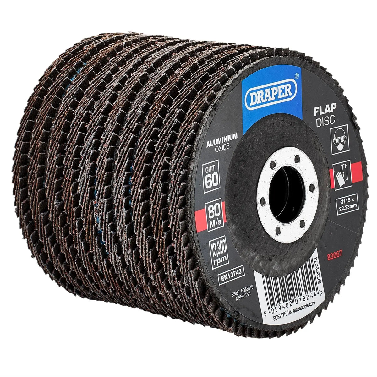 Draper Aluminium Oxide Flap Discs 115 x 22.23mm 60 Grit (Pack of 10) 83067 White Rose Tools