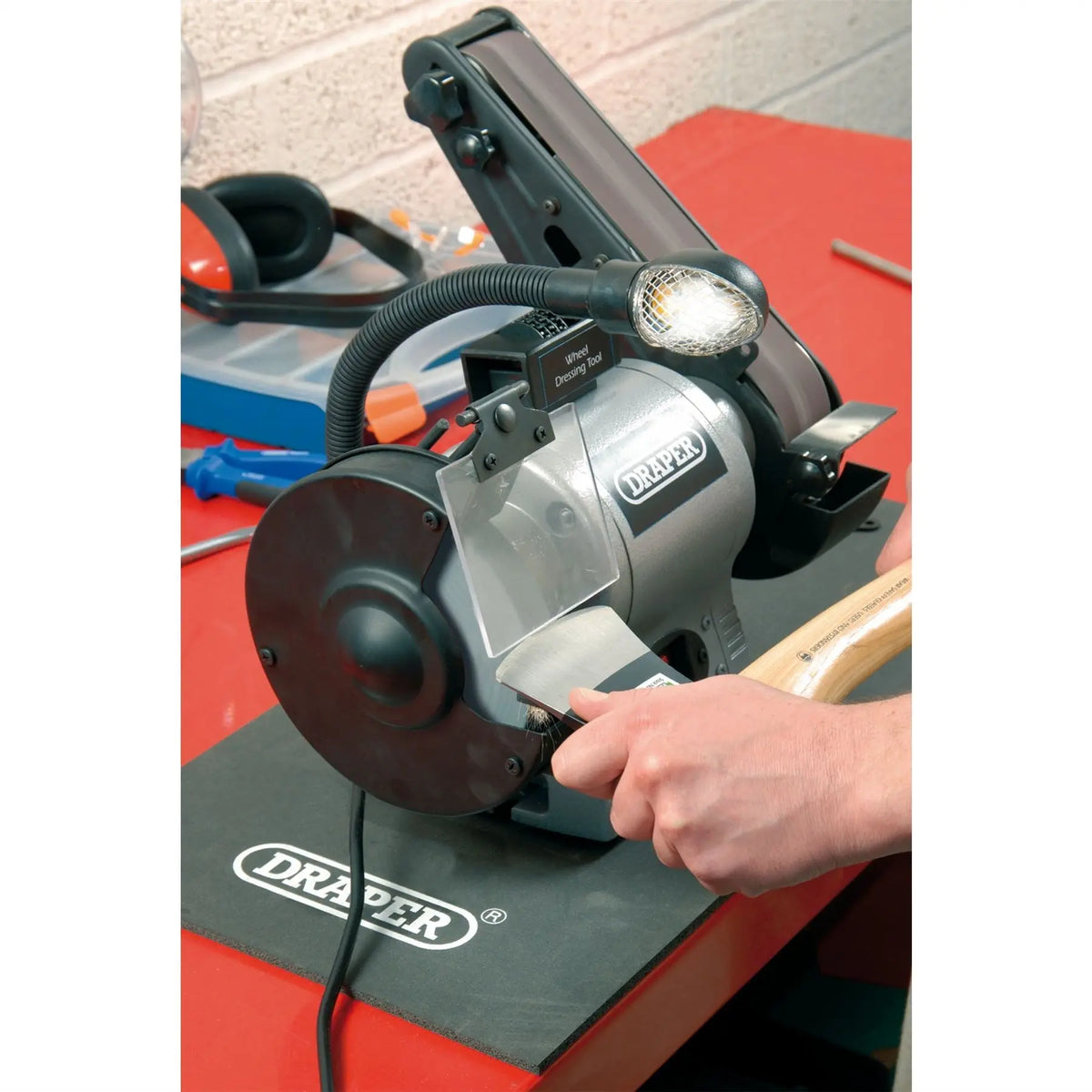 Draper Bench Grinder with Sanding Belt and Work light 150mm 370W 05096 White Rose Tools
