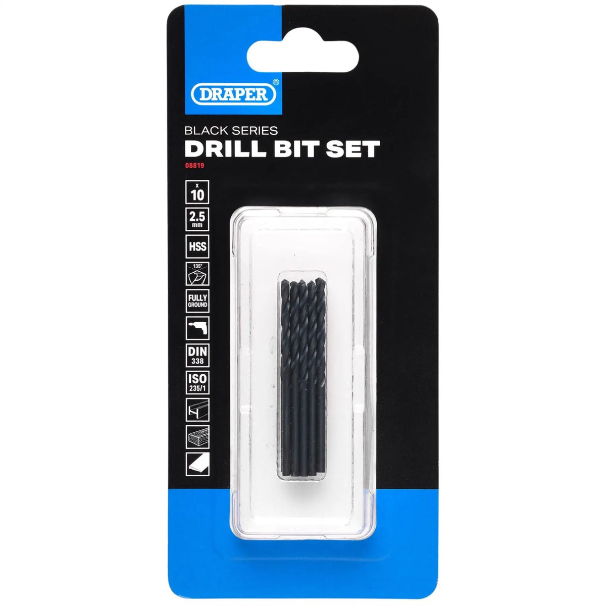 Draper Black HSS Drill Bit 2.5 x 57mm (Pack of 10) 08819 White Rose Tools