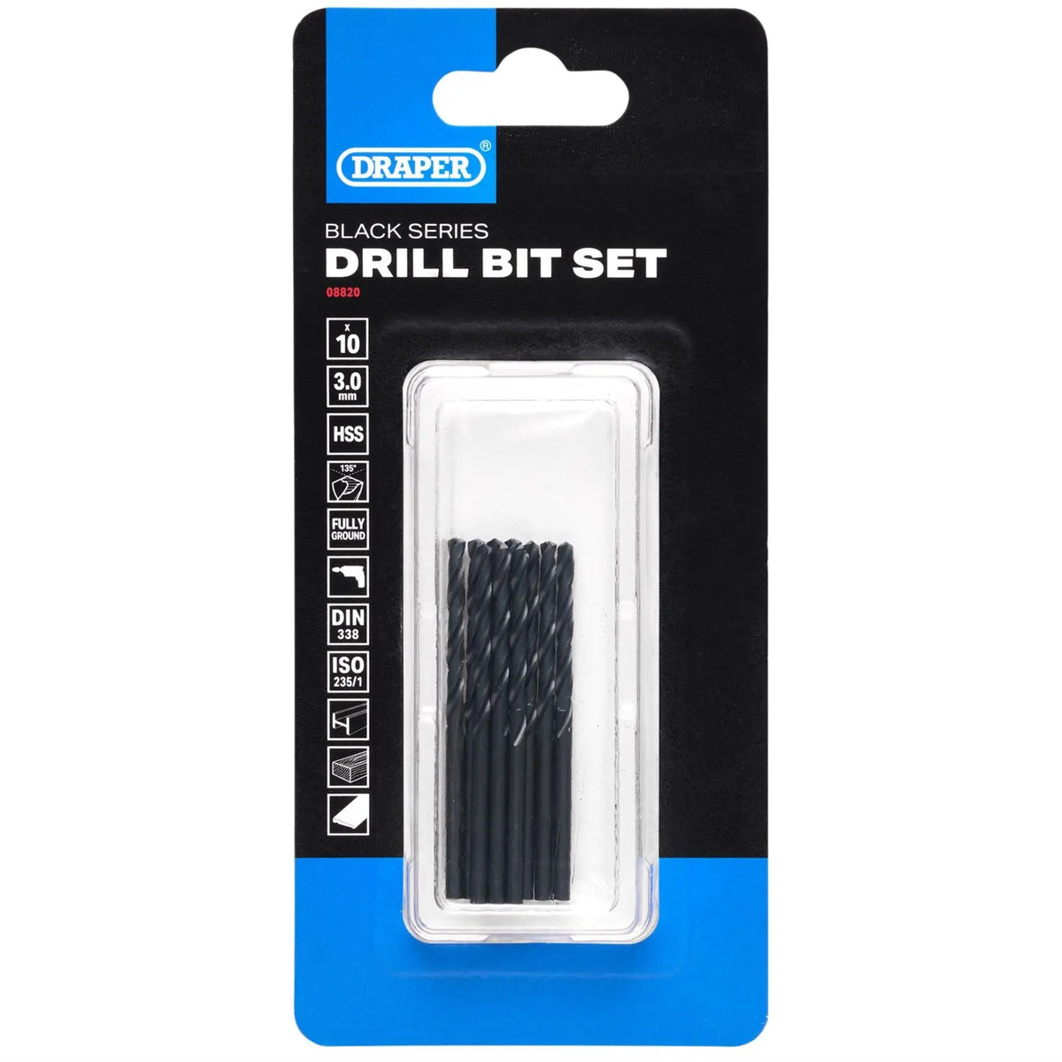 Draper Black HSS Drill Bit 3 x 61mm (Pack of 10) 08820 White Rose Tools