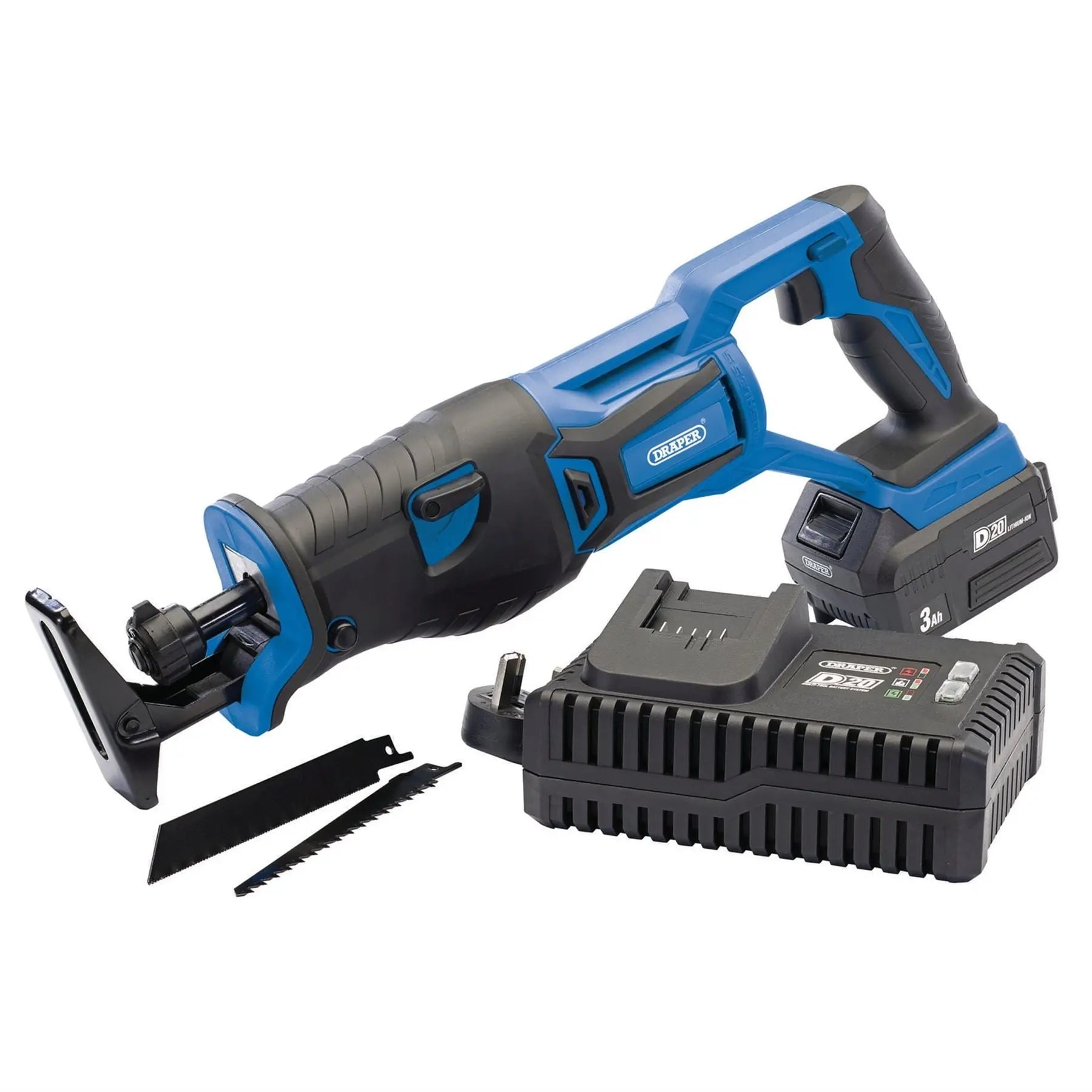 Draper D20 20V Brushless Reciprocating Saw 1 x 3.0Ah Battery 1 x Fast Charger 00593 White Rose Tools