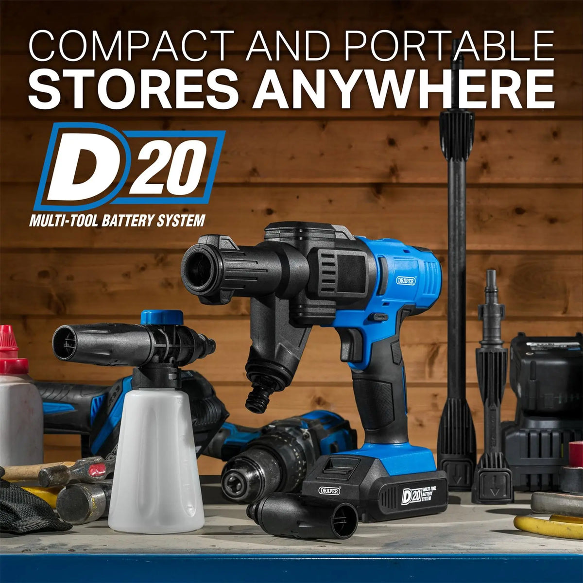 Draper D20 20V Cordless Pressure Washer Kit 1 x 2.0Ah Battery 1 x Fast Charger 97533 White Rose Tools