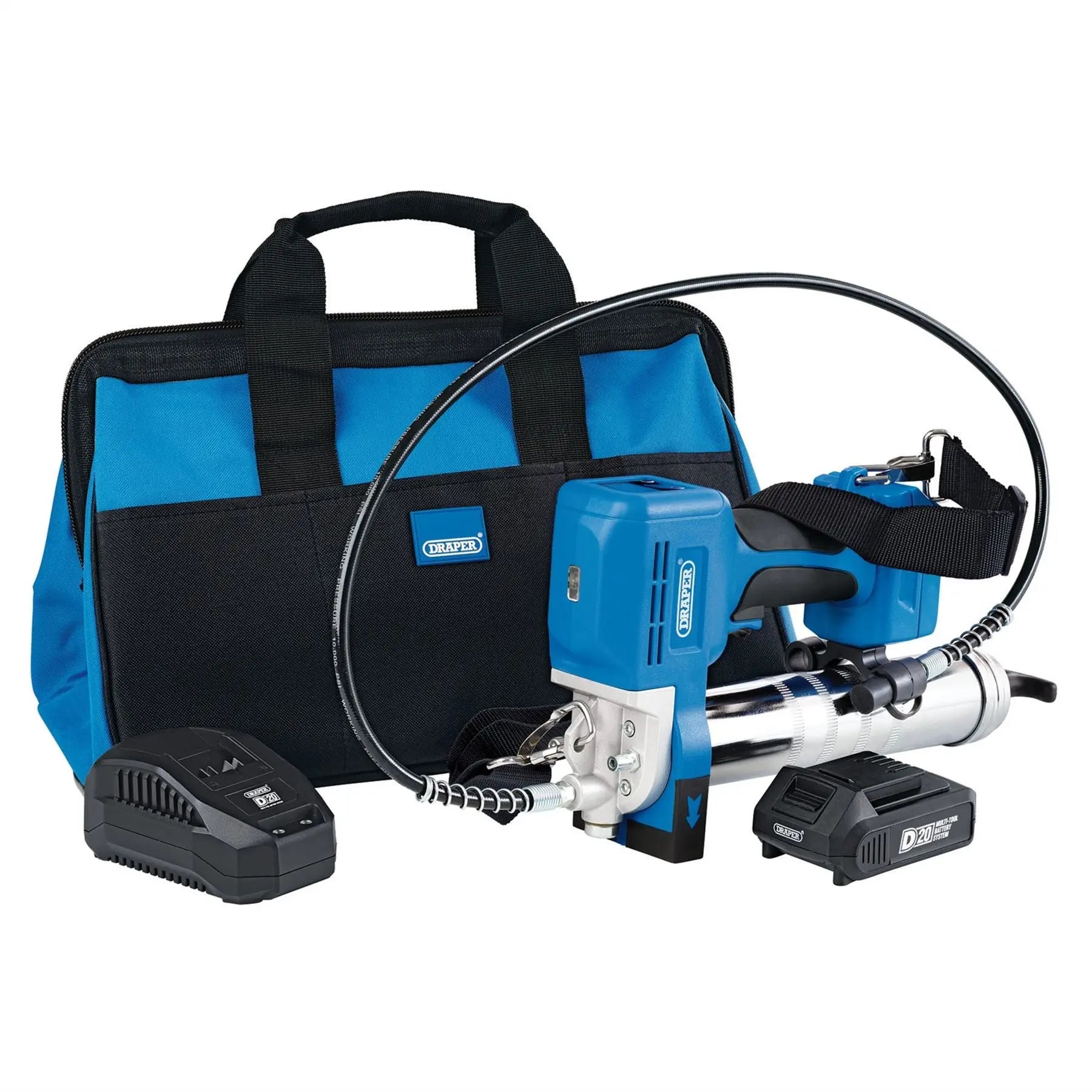 Draper D20 20V Grease Gun Kit 1 x 2.0Ah Battery 1 x Charger (3 Piece) 03359 White Rose Tools