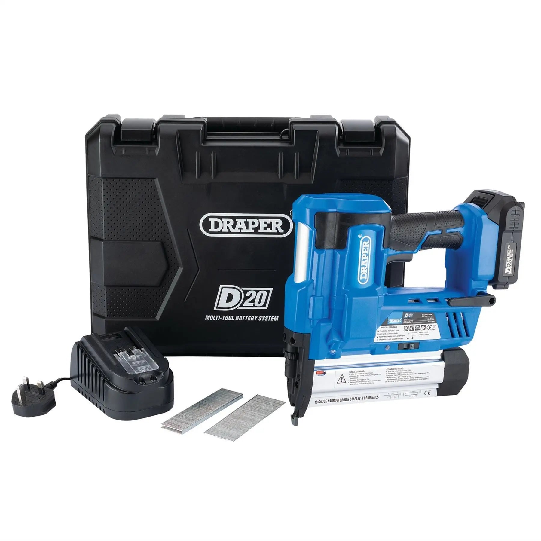 Draper D20 20V Nailer/Stapler 1 x 2.0Ah Battery 1 x Charger 00646 White Rose Tools