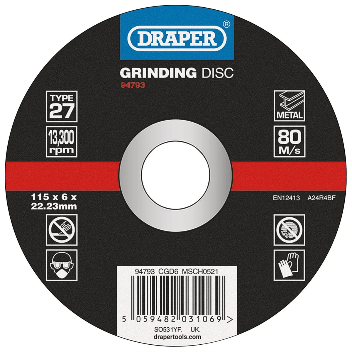 Draper DPC Metal Grinding Disc 115 x 6 x 22.23mm 94793 White Rose Tools