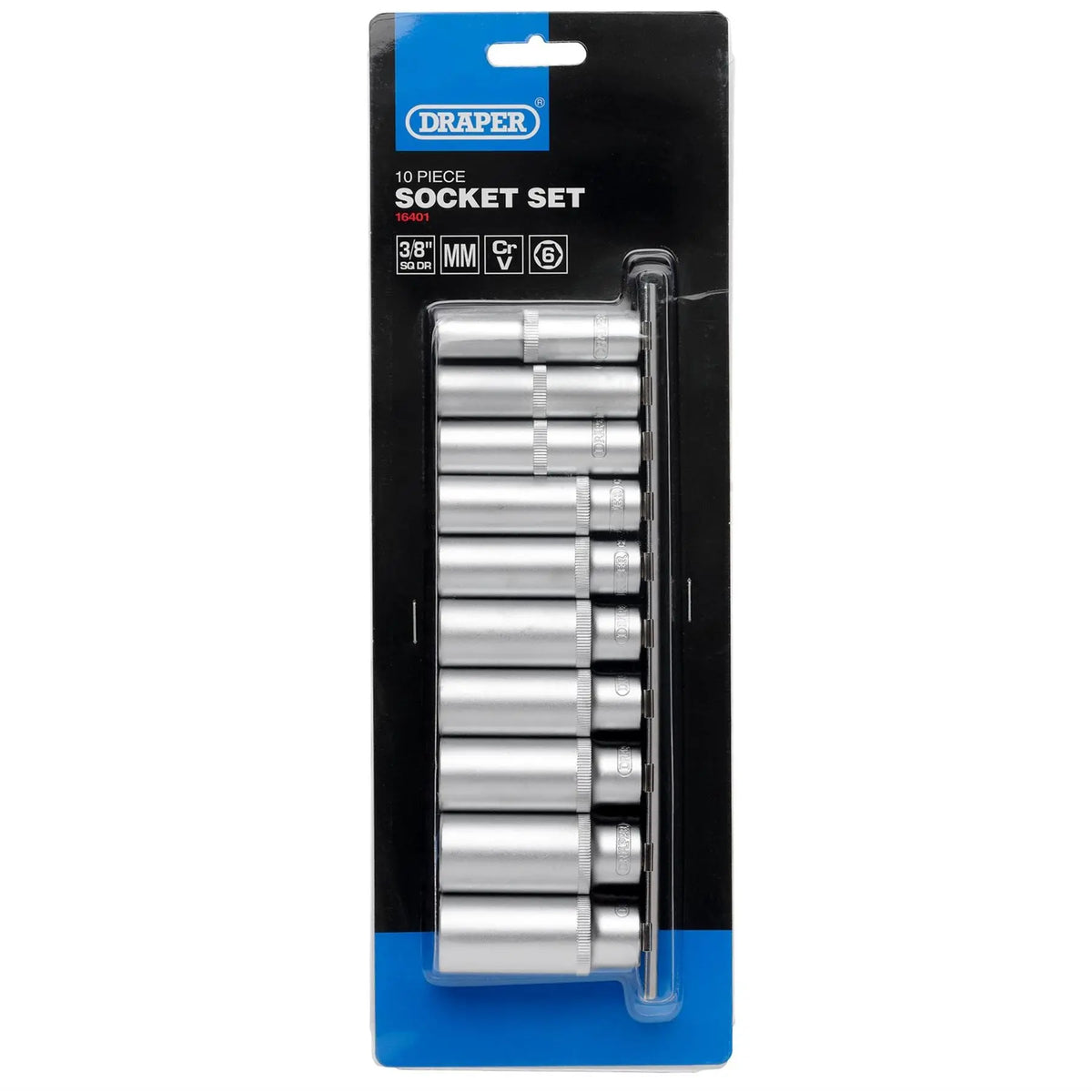 Draper Deep Socket Set on Metal Rail 3/8" Sq. Dr. (10 Piece) 16401 White Rose Tools