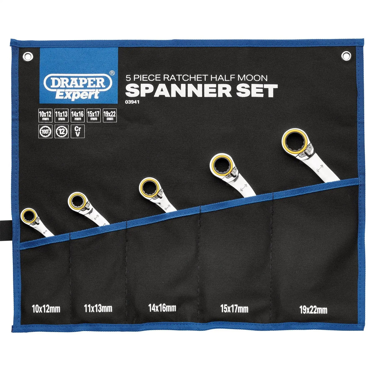 Draper Expert HI-TORQ® Double Ring Reversible Ratchet Half Moon Spanner Set (5 Piece) 03941 White Rose Tools