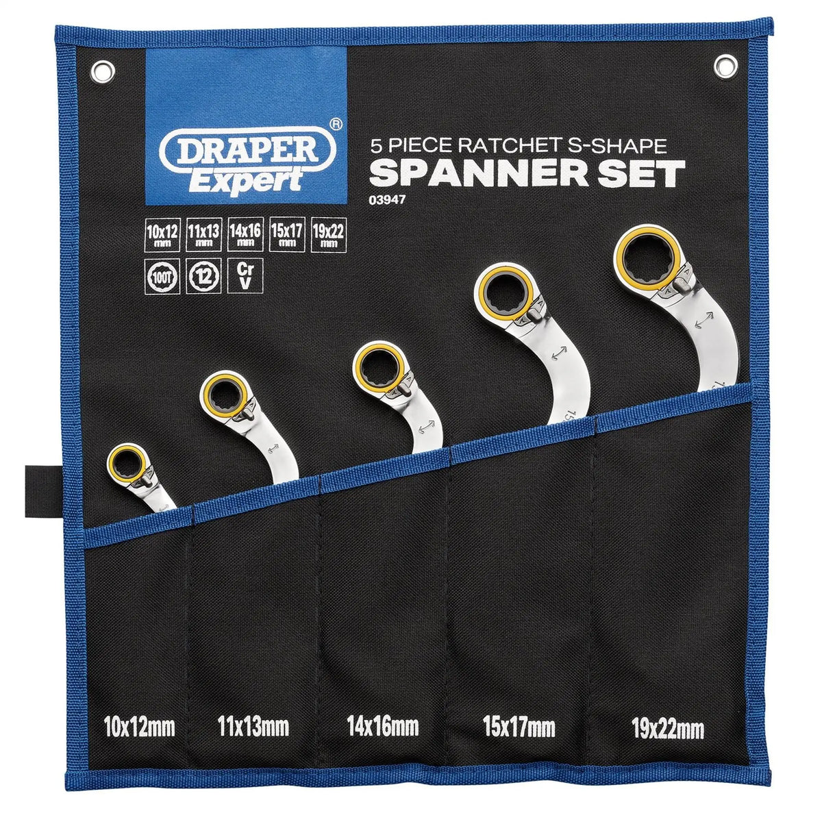 Draper Expert HI-TORQ® Double Ring Reversible Ratchet S-Shape Spanner Set (5 Piece) 03947 White Rose Tools