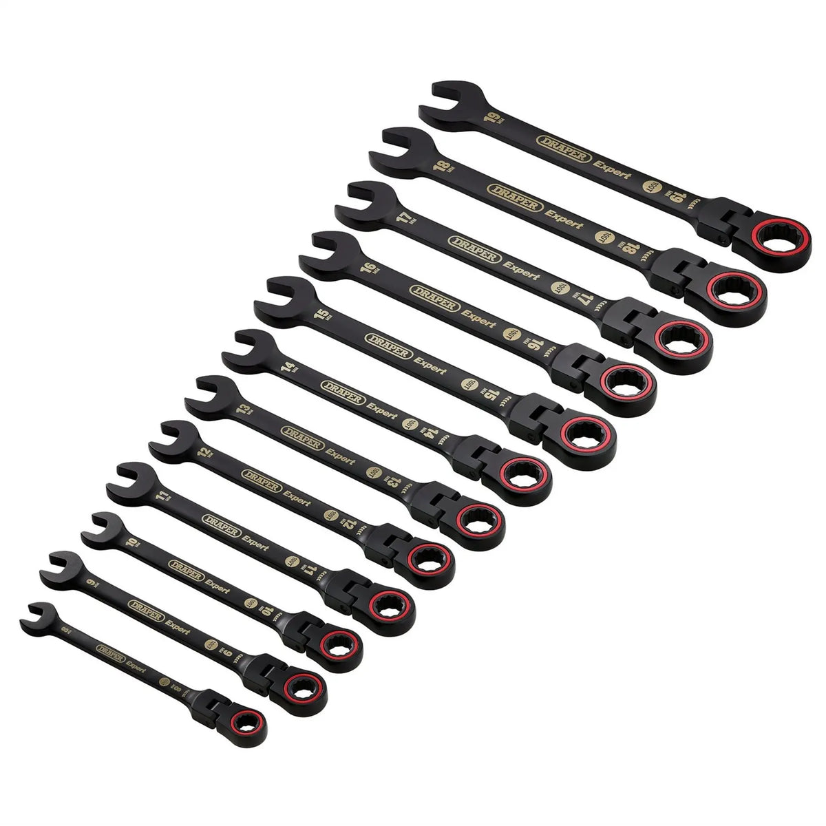 Draper Expert HI-TORQ® Metric Flexible Head Ratchet Combination Spanner Set Black (12 Piece) 03929 White Rose Tools