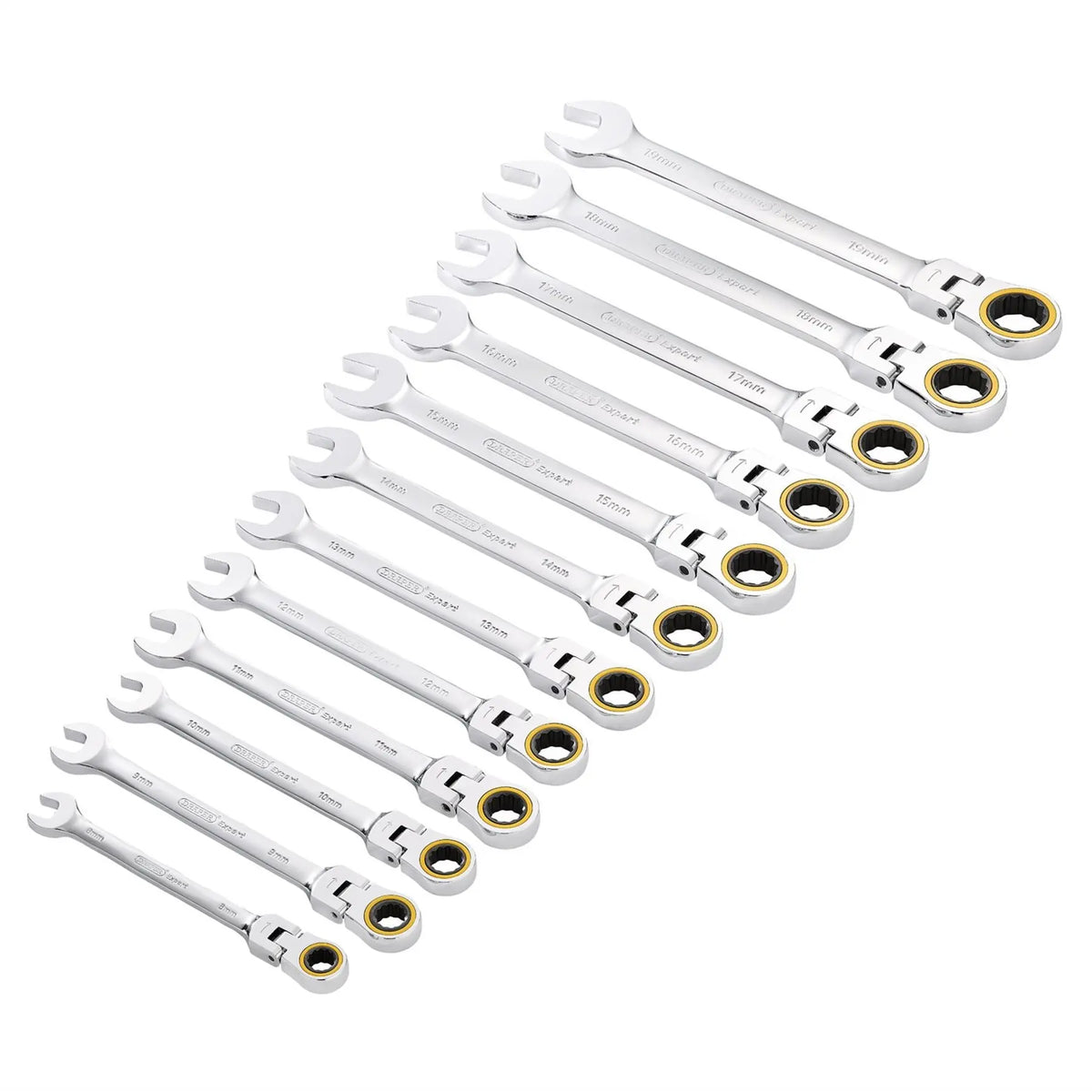 Draper Expert HI-TORQ® Metric Flexible Head Ratchet Combination Spanner Set (12 Piece) 03932 White Rose Tools