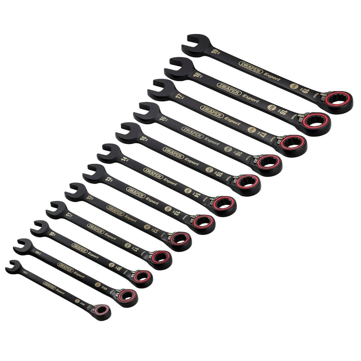 Draper Expert HI-TORQ® Metric Reversible Ratchet Combination Spanner Set Black (12 Piece) 03912 White Rose Tools