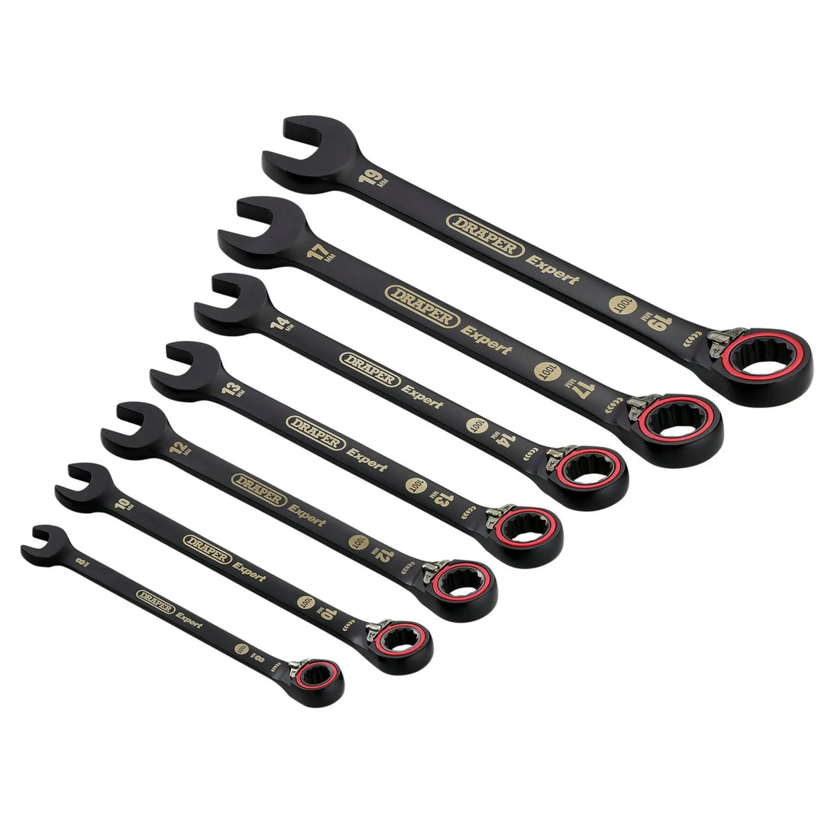 Draper Expert HI-TORQ® Metric Reversible Ratchet Combination Spanner Set Black (7 Piece) 03911 White Rose Tools
