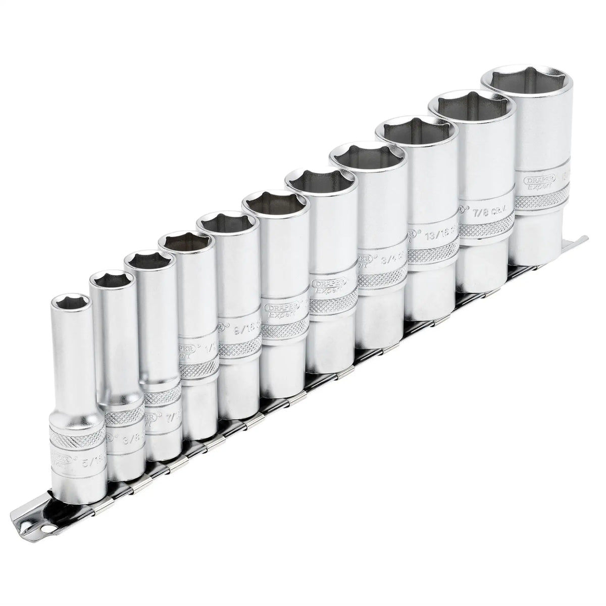 Draper Expert Imperial Deep Socket Set on a Metal Rail 3/8" Sq. Dr. (11 Piece) 16495 White Rose Tools