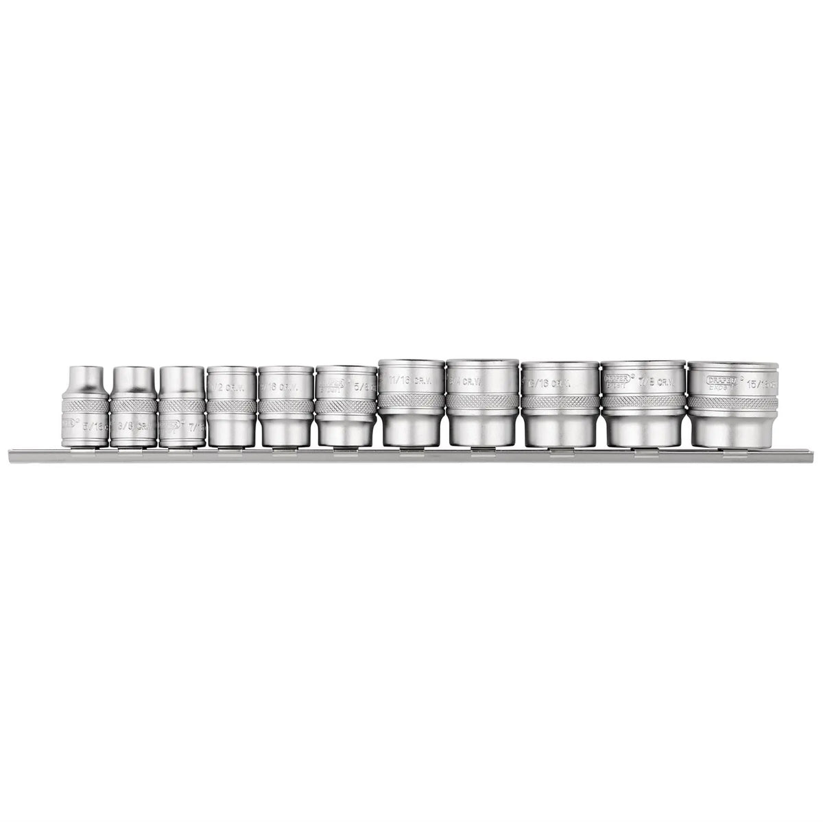 Draper Expert Imperial Socket Set on a Metal Rail 3/8" Sq. Dr. (11 Piece) 16493 White Rose Tools