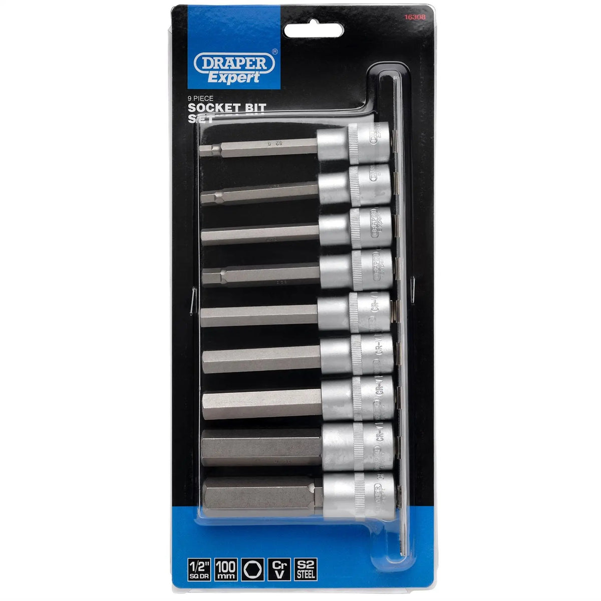Draper Expert Long Metric Hex. Socket Bit Set 1/2" Sq. Dr. 100mm (9 Piece) 16308 White Rose Tools