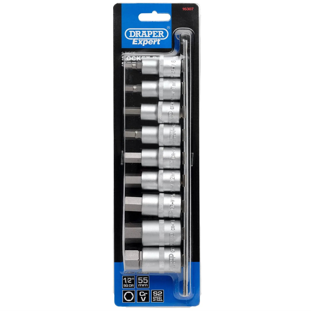 Draper Expert Metric Hex. Socket Bit Set 1/2" Sq. Dr. 55mm (9 Piece) 16307 White Rose Tools