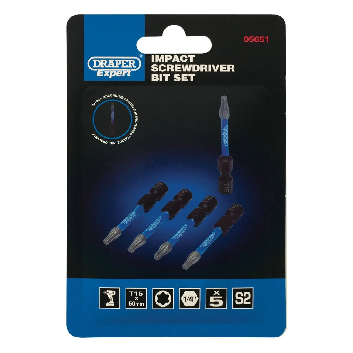Draper Expert TX-STAR® Impact Screwdriver Bits T15 x 50mm 1/4" Hex (Pack of 5) 05651 White Rose Tools