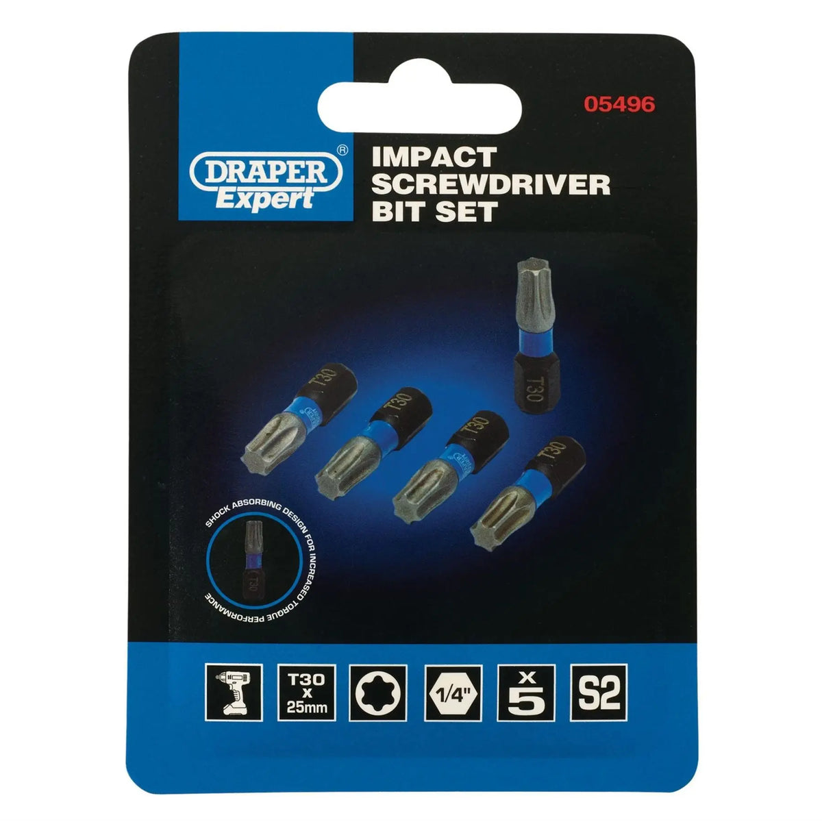 Draper Expert TX-STAR® Impact Screwdriver Bits T30 x 25mm 1/4" Hex (Pack of 5) 05496 White Rose Tools