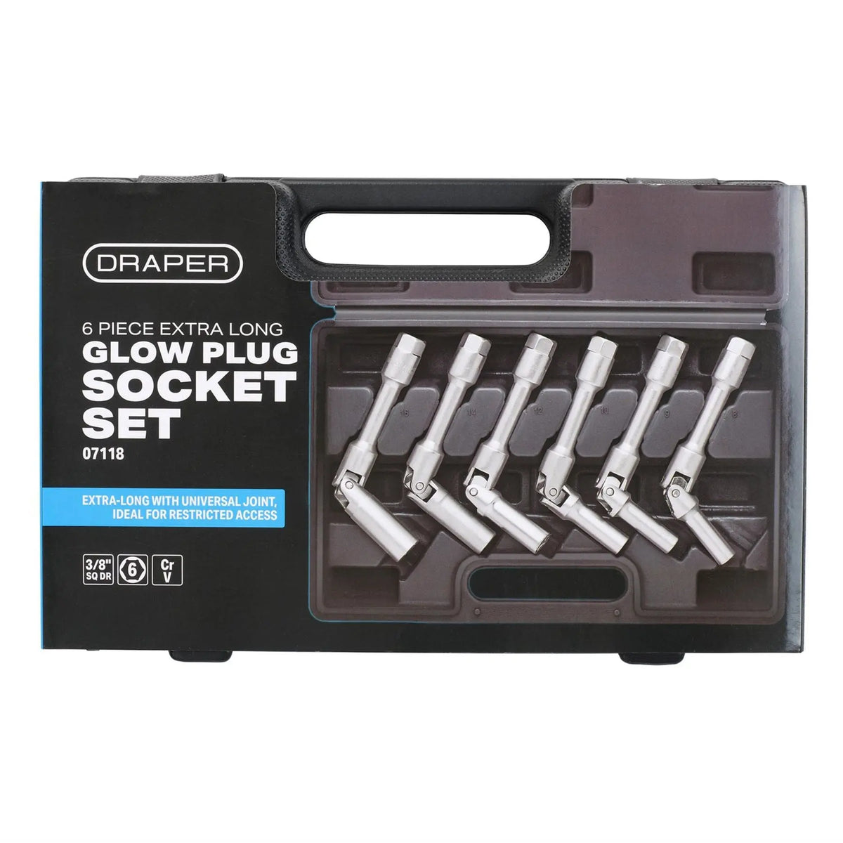 Draper Extra Long Glow Plug Socket Set 3/8" Sq. Dr. 35mm (6 Piece) 07118 White Rose Tools