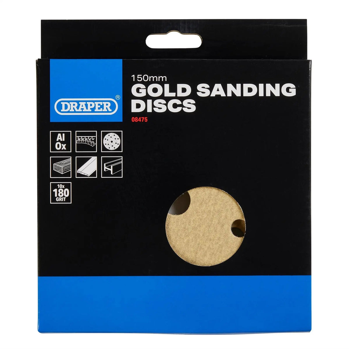 Draper Gold Sanding Discs with Hook & Loop 150mm 180 Grit 15 Dust Extraction Holes (Pack of 10) 08475 White Rose Tools