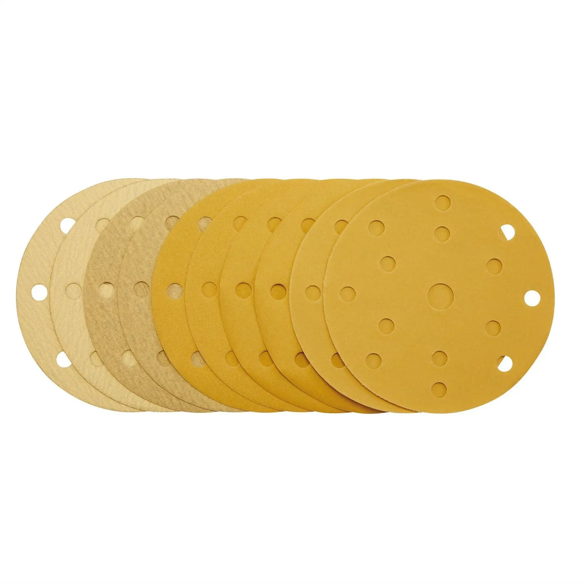 Draper Gold Sanding Discs with Hook & Loop 150mm Assorted Grit - 120G 180G 240G 320G 400G 15 Dust Extraction Holes (Pack of 10) 08480 White Rose Tools