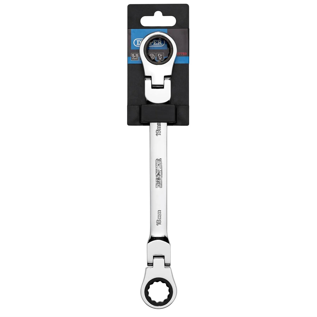 Draper HI-TORQ® Metric Flexible Head Double Ring Ratchet Spanner 18 x 19mm 27759 White Rose Tools