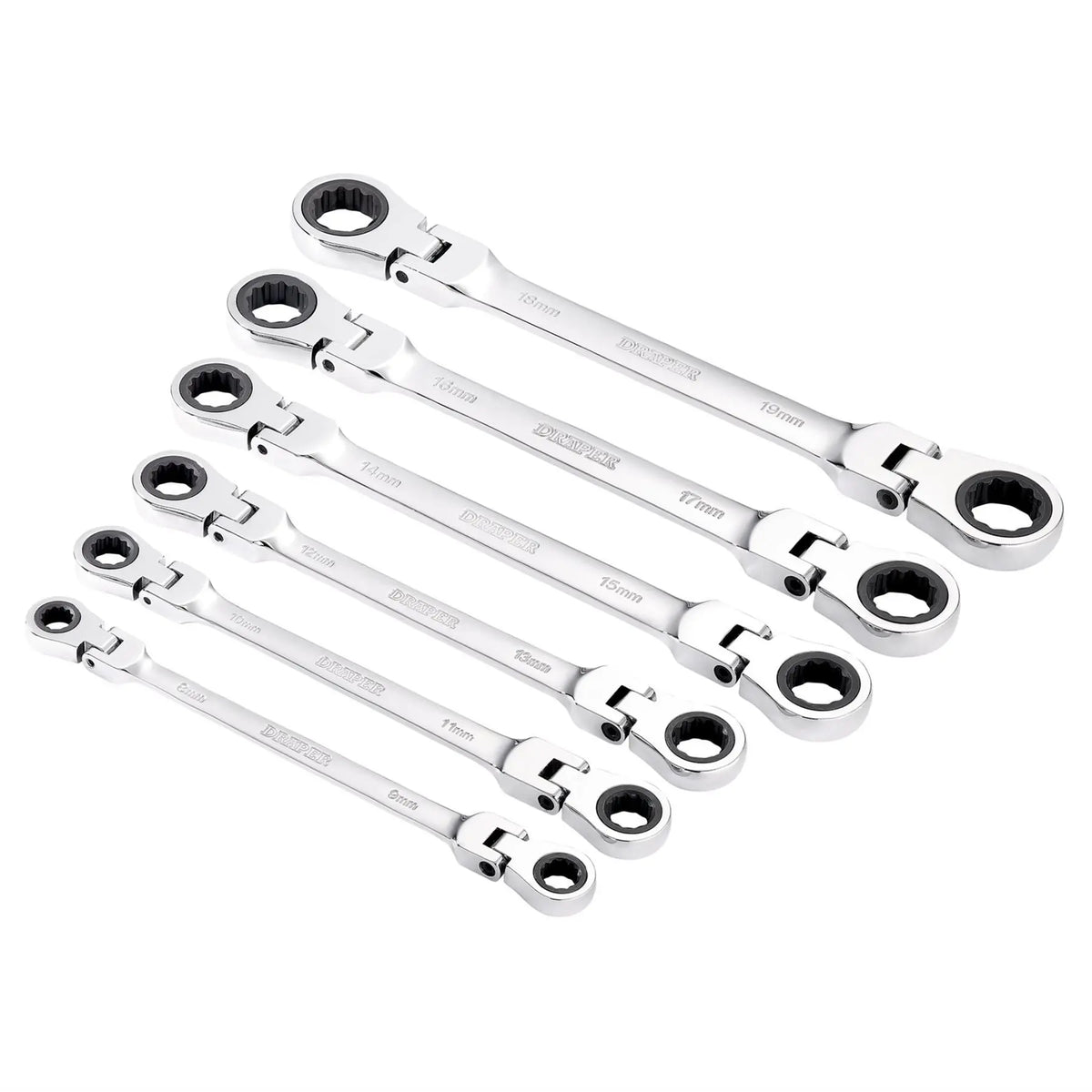 Draper HI-TORQ® Metric Flexible Head Double Ring Ratchet Spanner Set (6 Piece) 27762 White Rose Tools