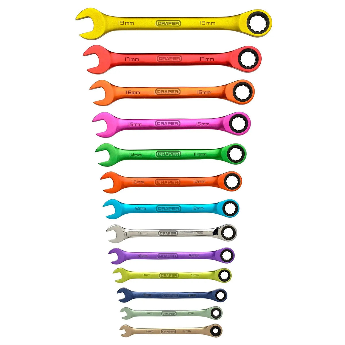 Draper HI-TORQ® Metric Ratchet Combination Spanner Set 6 - 19mm (13 Piece) 07142 White Rose Tools