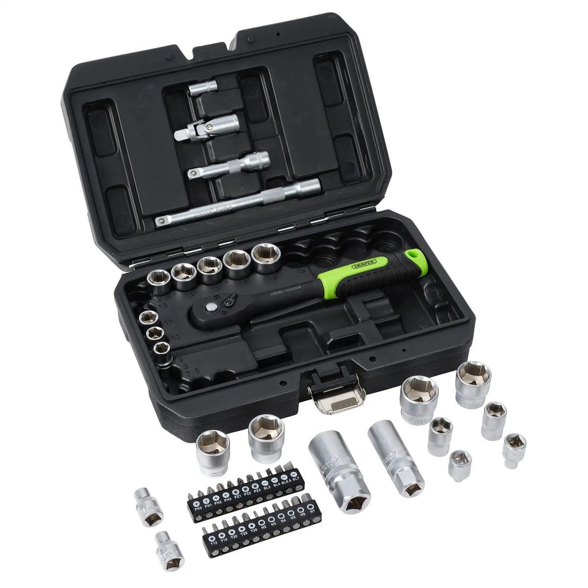 Draper HI-TORQ® Metric Socket and Bit Set 1/4" and 3/8" Sq. Dr. (48 Piece) 24235 White Rose Tools