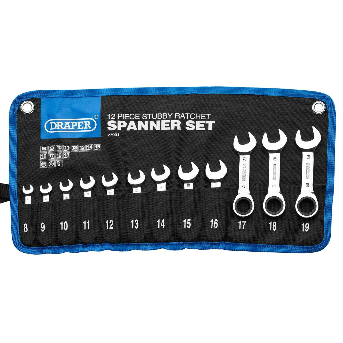 Draper HI-TORQ® Metric Stubby Ratchet Combination Spanner Set 8 - 19mm (12 Piece) 27931 White Rose Tools