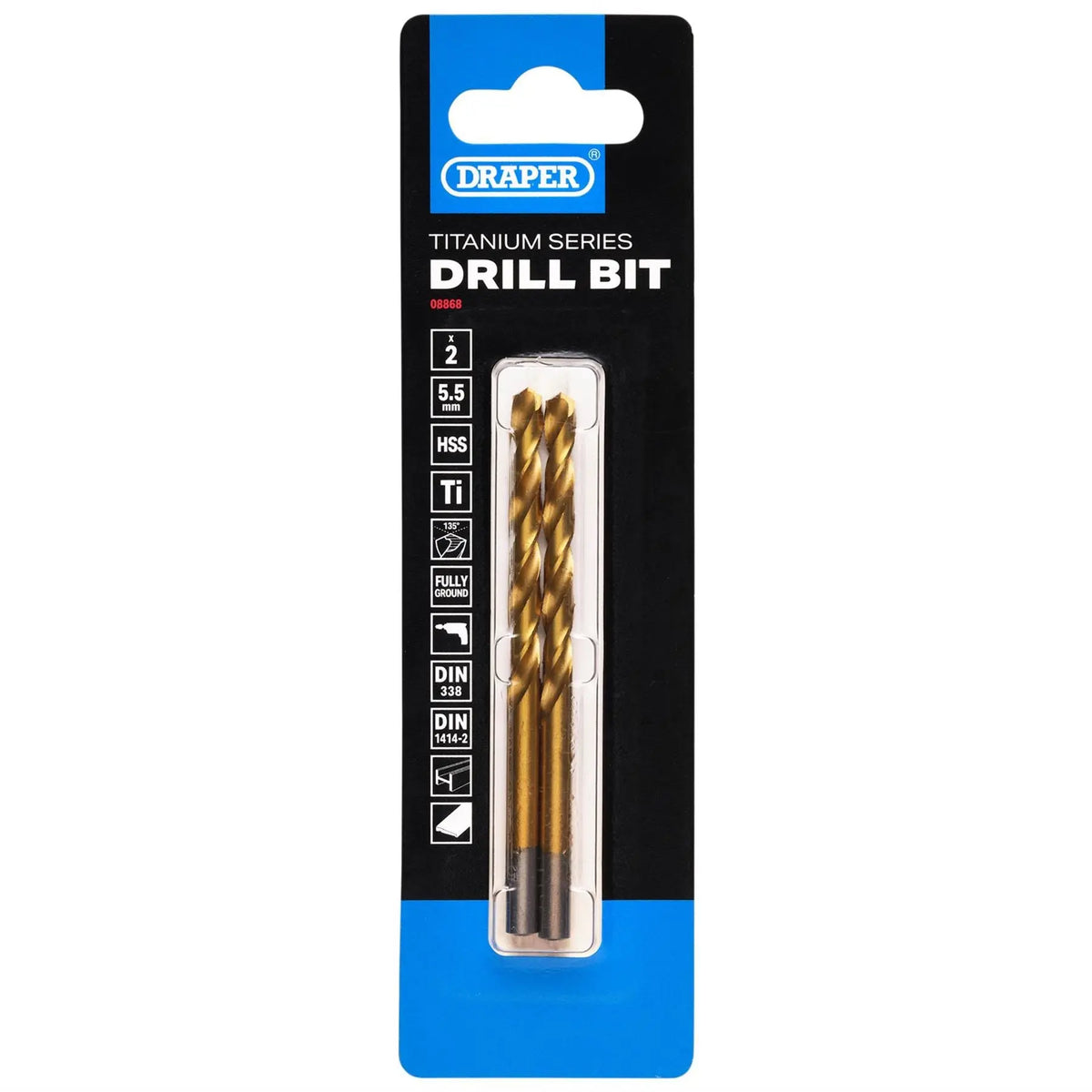 Draper HSS Titanium Nitride Coated Drill Bit 5.5 x 93mm (Pack of 2) 08868 White Rose Tools