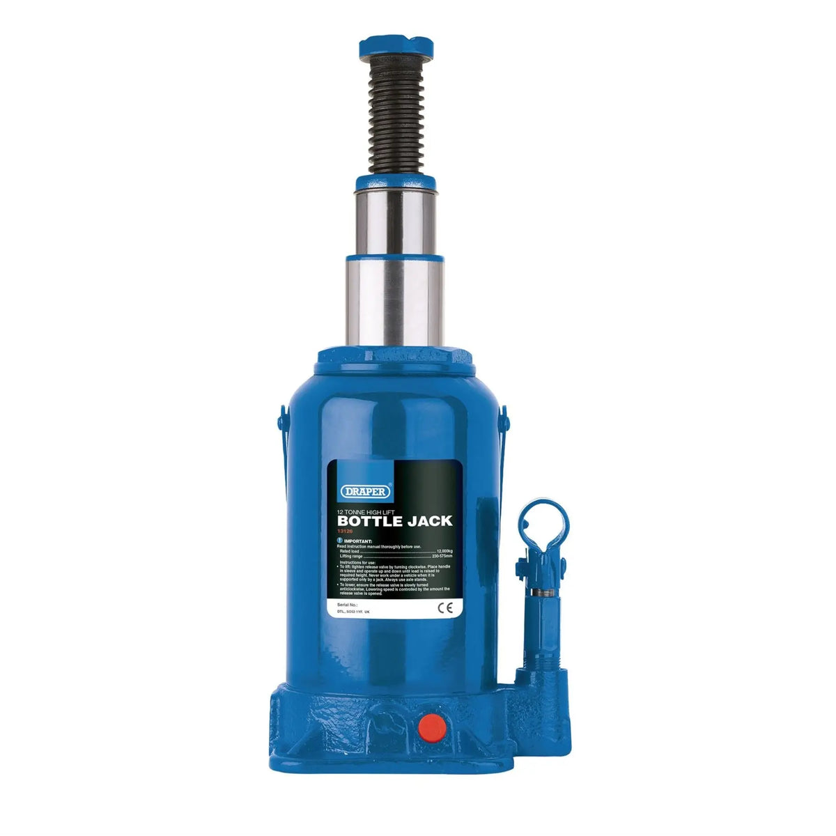 Draper High Lift Hydraulic Bottle Jack 12 Tonne 13126 White Rose Tools