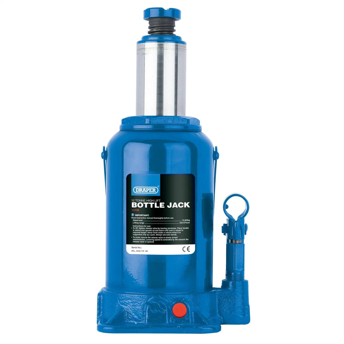 Draper High Lift Hydraulic Bottle Jack 12 Tonne 13126 White Rose Tools